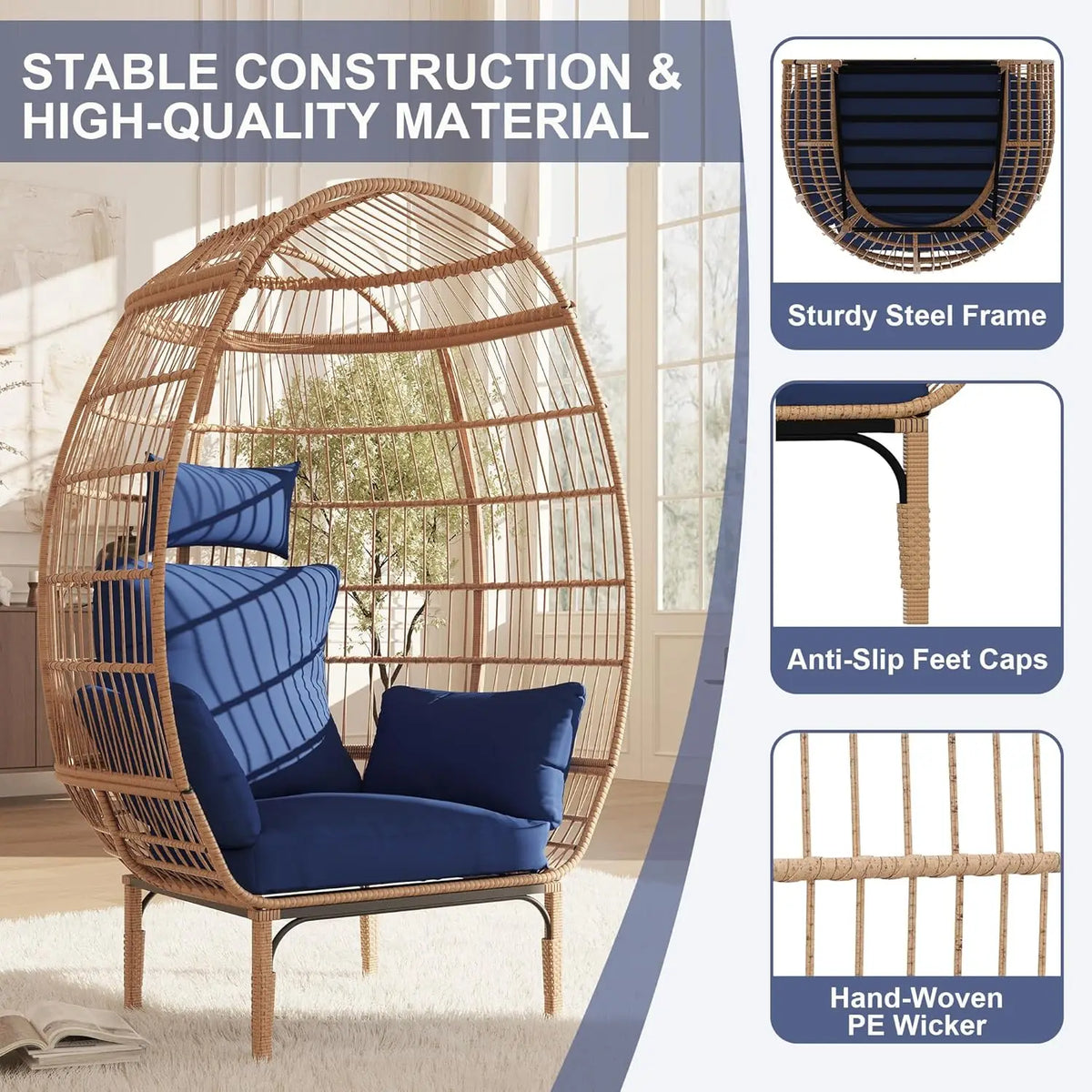 Egg Chair Wicker Outdoor Chair, Patio Chair Lounger Chair with 5 Cushion for Living Room, Bedroom, Patio Backyard Balcony