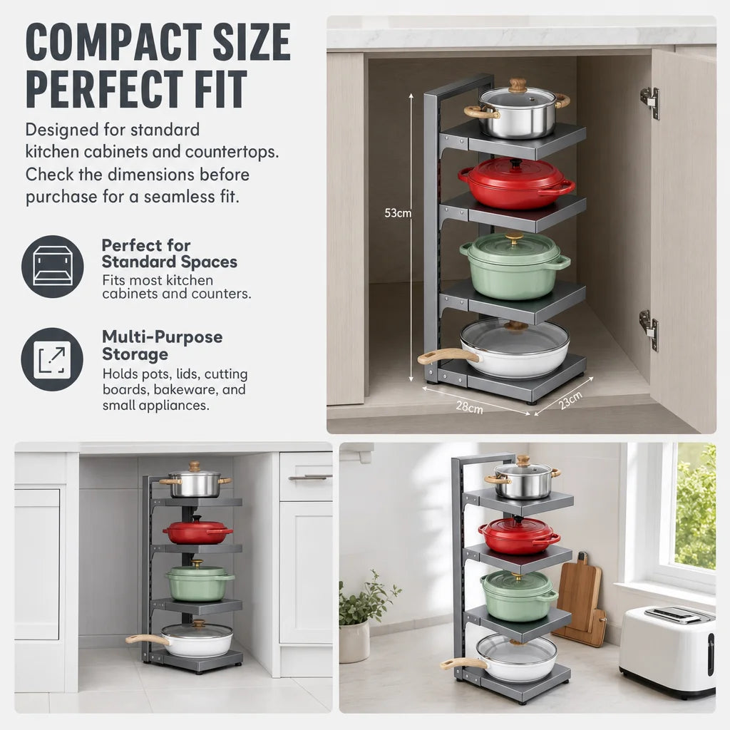 Black Height-Adjustable 4-Layer Stainless Steel Kitchen Storage Rack Multi-Layer Drain Organizer for Pots Pans Tableware under Cabinet Pot Storage Shelf