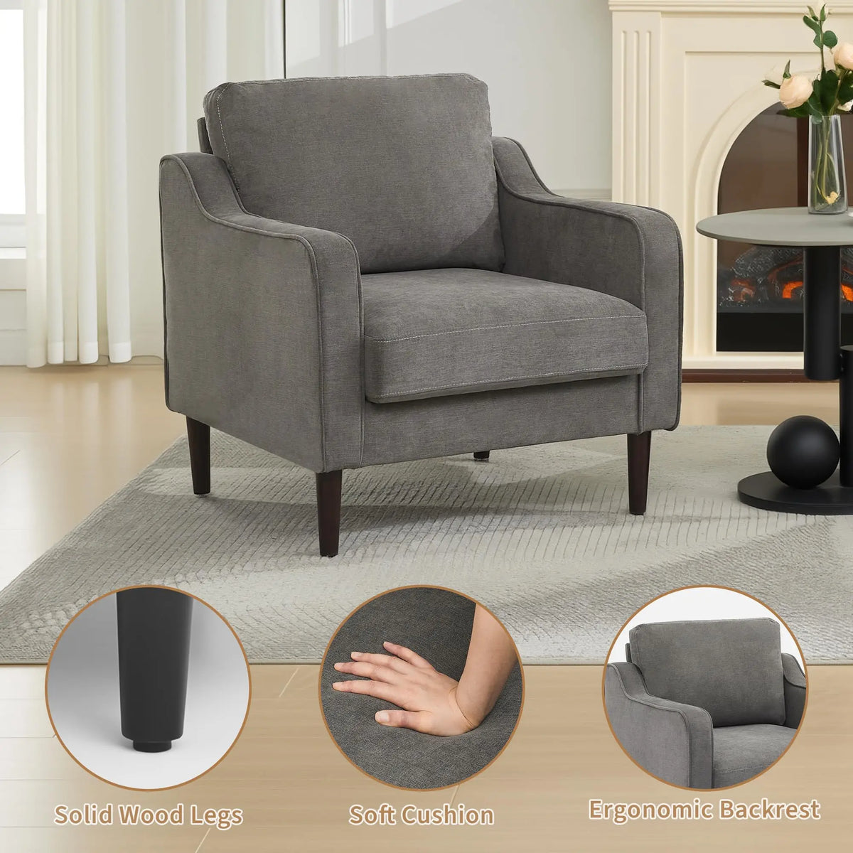 Modern Upholstered Accent Chair, Single Sofa Armchair with Solid Wood Legs, Comfy Lounge Chair for Living Room Bedroom