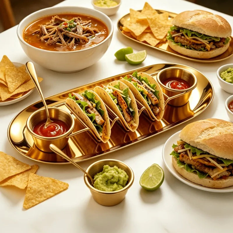 1Set Taco Serving Utensils Set, Stainless Steel Taco Holder, Dressing Cups, Seasoning Spoons and Serving Tray, Elegant Taco Stand Accessories, Suitable for Home, Kitchen, Restaurant and Party Use, Ideal Gift for Mother's Day