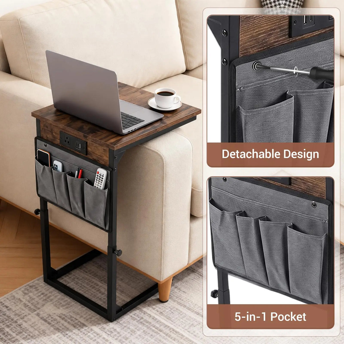 C-Shaped End Table with Charging Station - Slim Couch Side Table for Living Room/Bedroom - Built-In Outlet & Plug, Behind Sofa Use - Fire Color, US Standard Plug