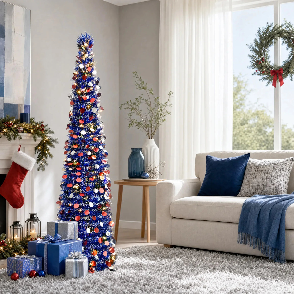 Pop Up Christmas Tree, 59 Inch Pre-Lit Collapsible Artificial Christmas Tree, Red White Green Tinsel Foldable Slim Christmas Tree with Star Ornaments, 1 Pack for Indoor Holiday Home Decor
