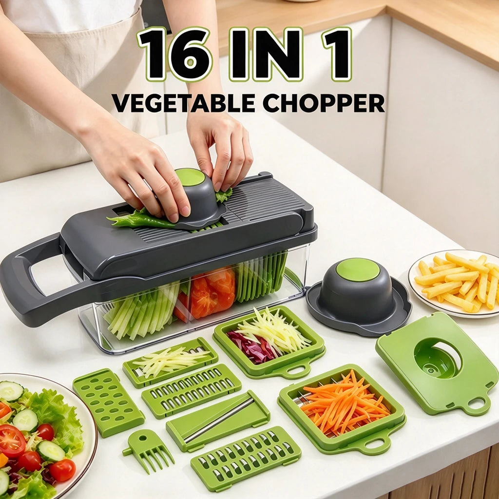 12/14/16 in 1 Vegetable Chopper Multifunctional Food Slicer Dicer With Replaceable Blades Storage Container Onion Potato Cutter For Kitchen Home