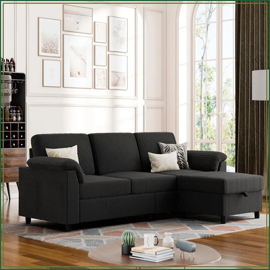 Convertible Sectional Couch, 3 Seat L Shaped Sofa with Removable Pillows, Corduroy, Black