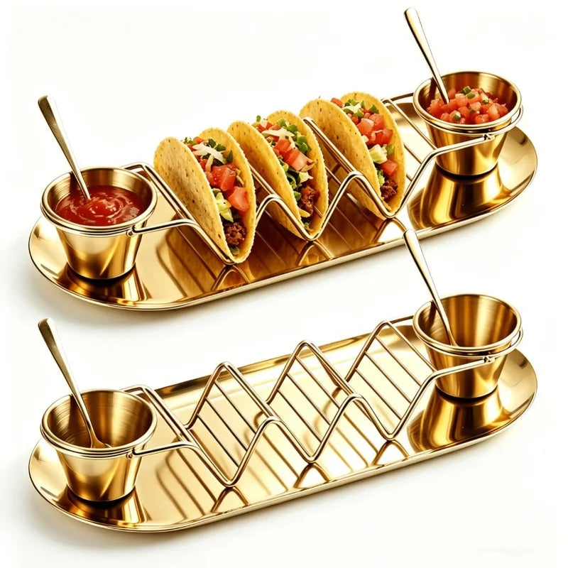 1Set Taco Serving Utensils Set, Stainless Steel Taco Holder, Dressing Cups, Seasoning Spoons and Serving Tray, Elegant Taco Stand Accessories, Suitable for Home, Kitchen, Restaurant and Party Use, Ideal Gift for Mother's Day