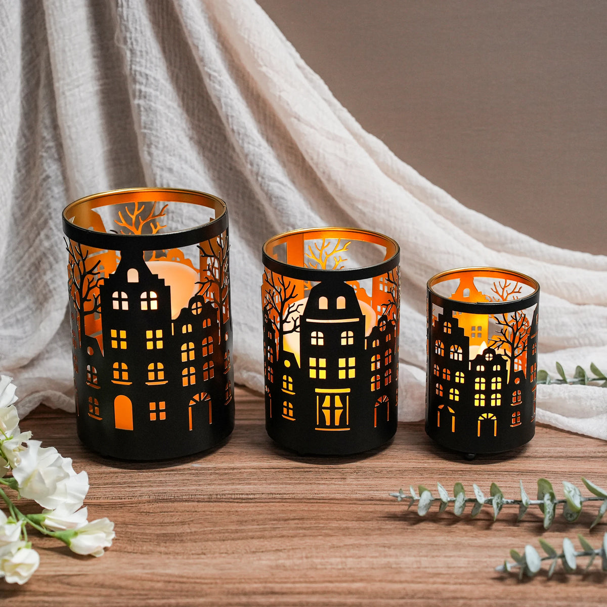 3PCS Tree of Life Candle Lantern 13&16&19cm High Etched Bronze Metal Candle Holder Decorations for Living Room Tabletop Patio