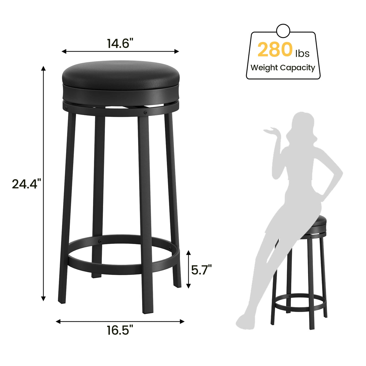 Swivel Bar Stools 2/4PCs 24" Backless PU Leather Barstool with Metal Frame  Footrest 360° Rotating for Kitchen Island Home Bar Black