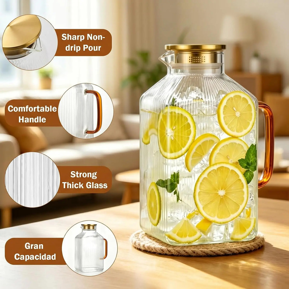 1 Gallon Square Glass Pitcher with Lid, Vertical Striped Square Pitcher with Golden Handle And Lid, Extra Large Capacity, Heat Resistant Material, Ideal for Refrigerator Storage of Iced Tea, Coffee, Juice