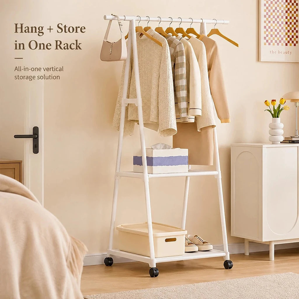 Portable Rolling Clothes Rack with 2 Storage Shelves - Heavy Duty Metal Garment Organizer on Wheels, Freestanding Hanging Stand for Bedroom Closet