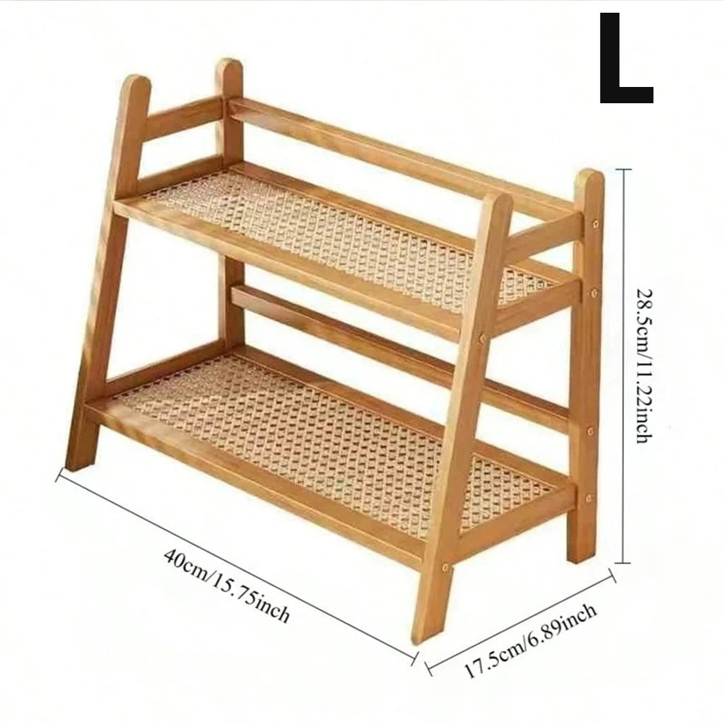 2-Tier Bamboo Storage Rack with Rattan Shelf, Natural Wood Desktop Organizer for Kitchen Spice, Bathroom Cosmetics & Plants, Boho Home Decor