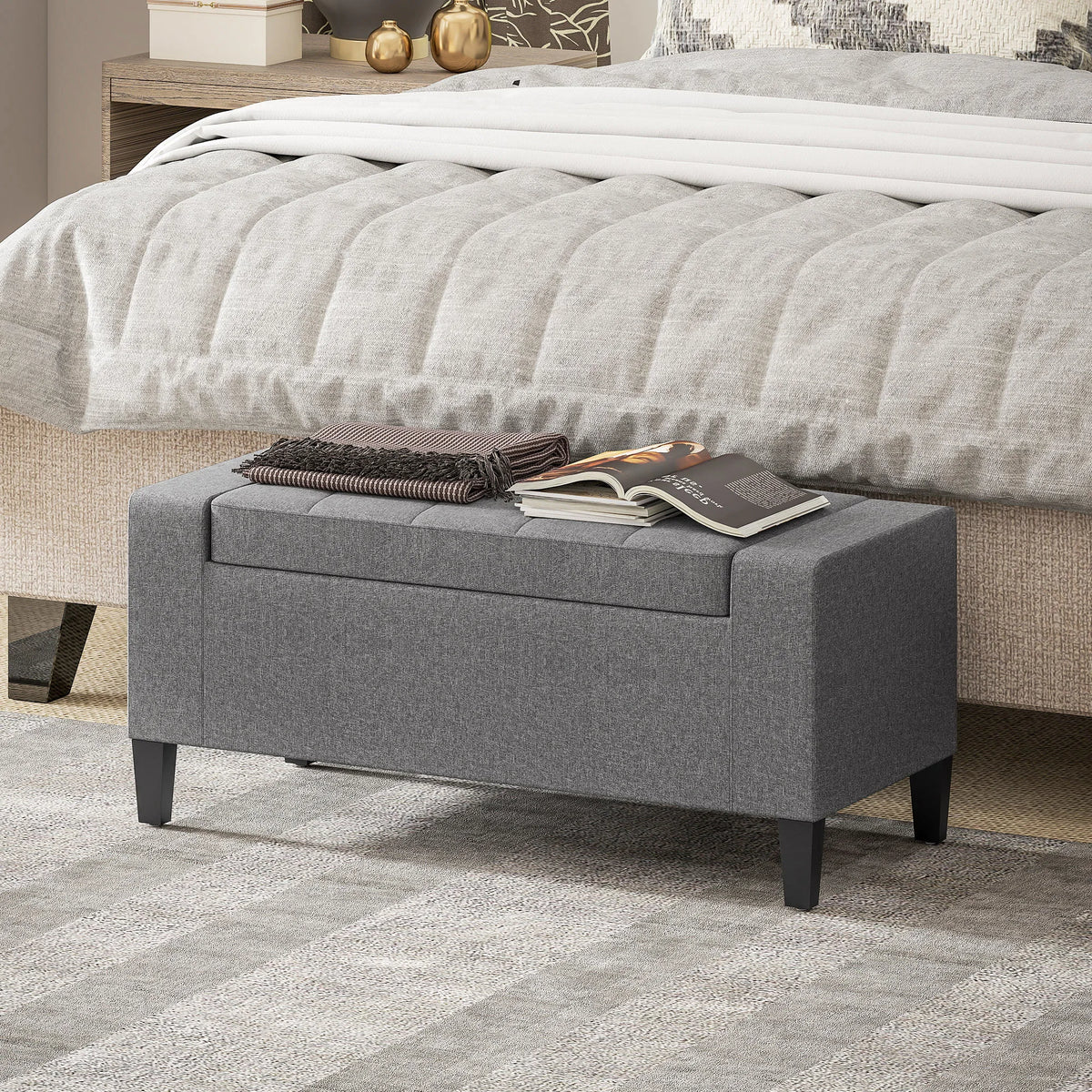 HOMCOM 36" Ottoman with Storage, Storage Ottoman Bench with Lift Top and Rubberwood Legs, Linen Upholstered Entryway Seat for Living Room, Bedroom, Holds up to 330 lb, Gray