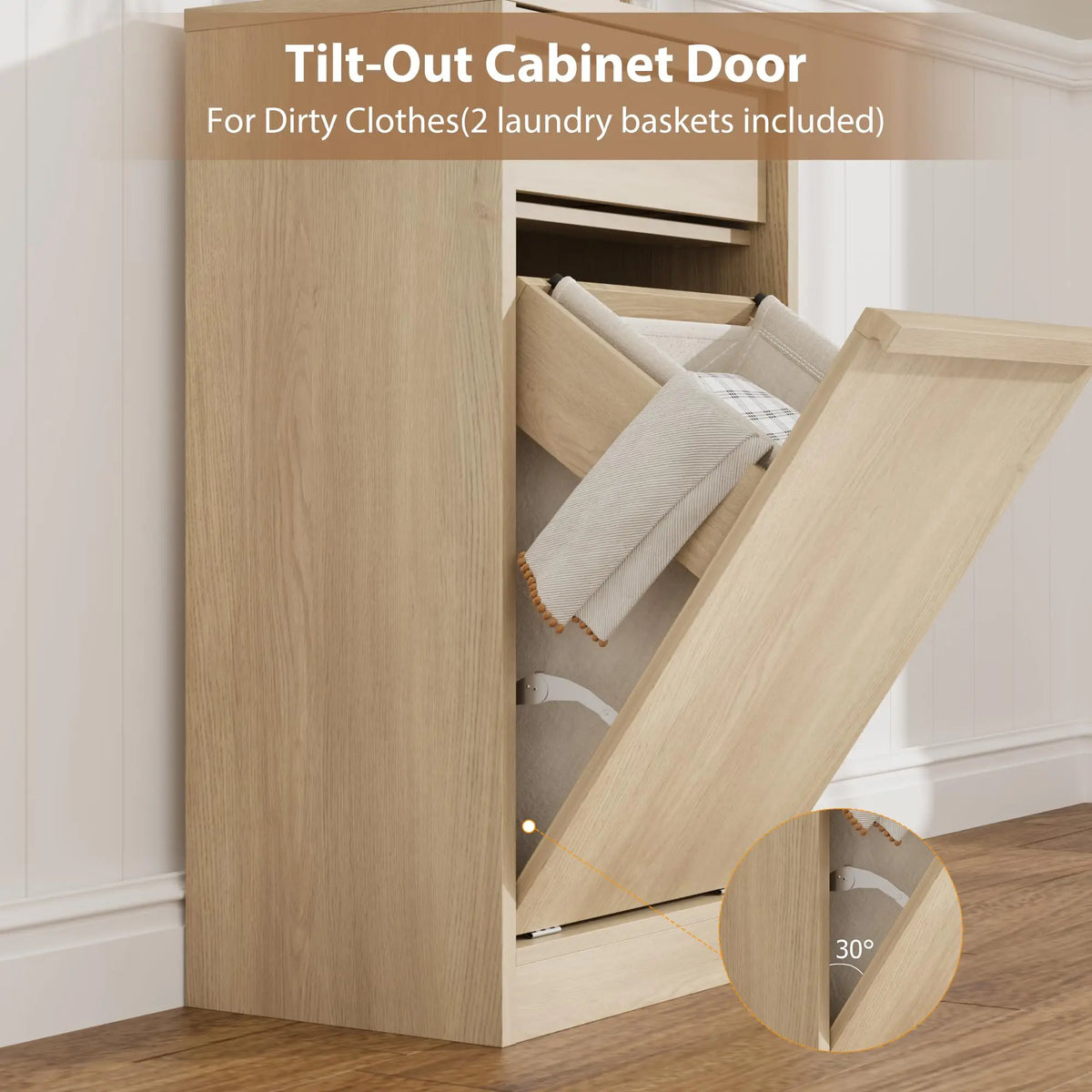 Tilt Out Laundry Hamper Cabinet With Drawer, 10 Gallon Farmhouse Trash Can Cabinet, Hidden Wood Basket For Bathroom Kitchen Home