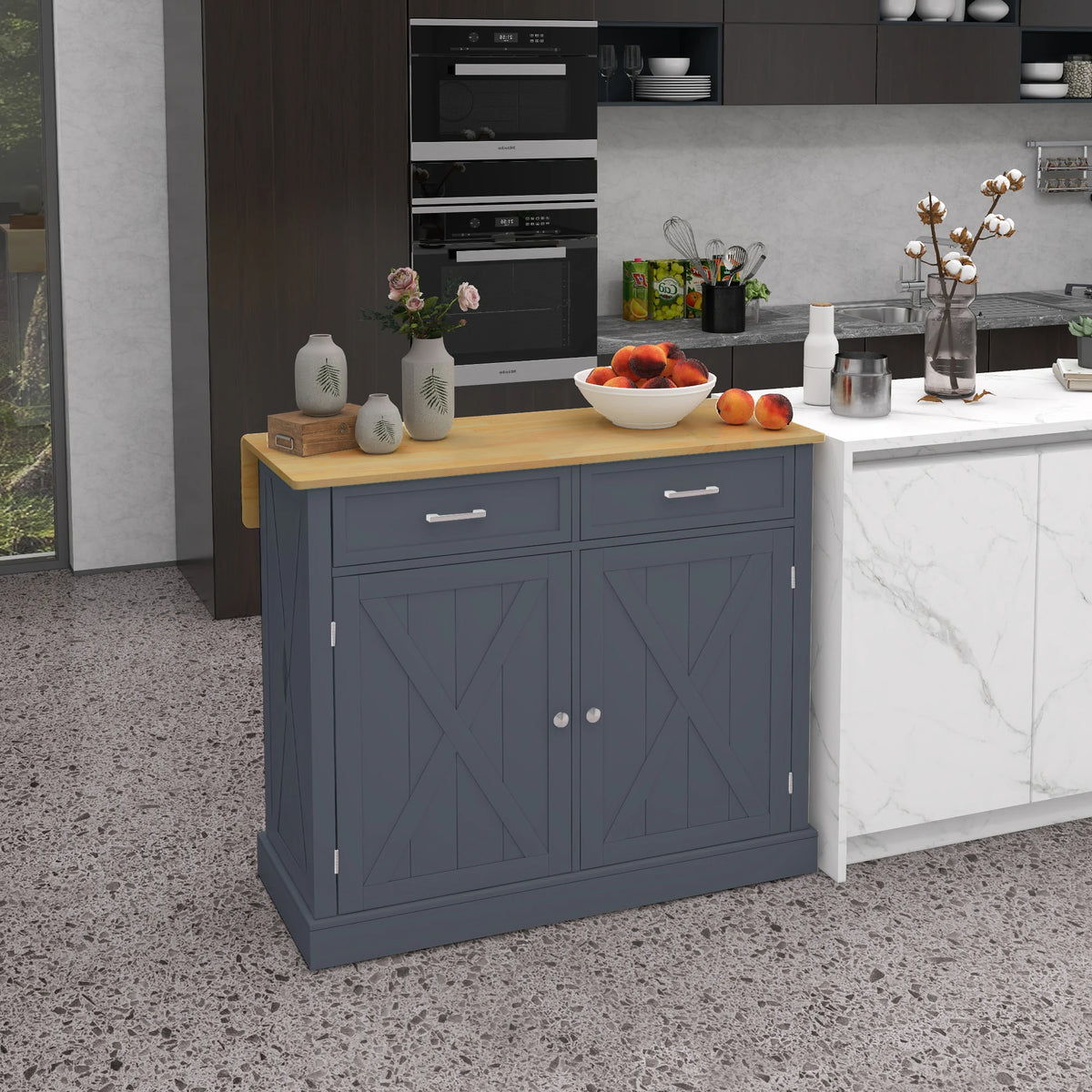 Rolling Kitchen Island with Drop Leaf Wood Breakfast Bar, Farmhouse Kitchen Cart with 2 Drawers, Adjustable Shelves for Dining Room, Dark Gray