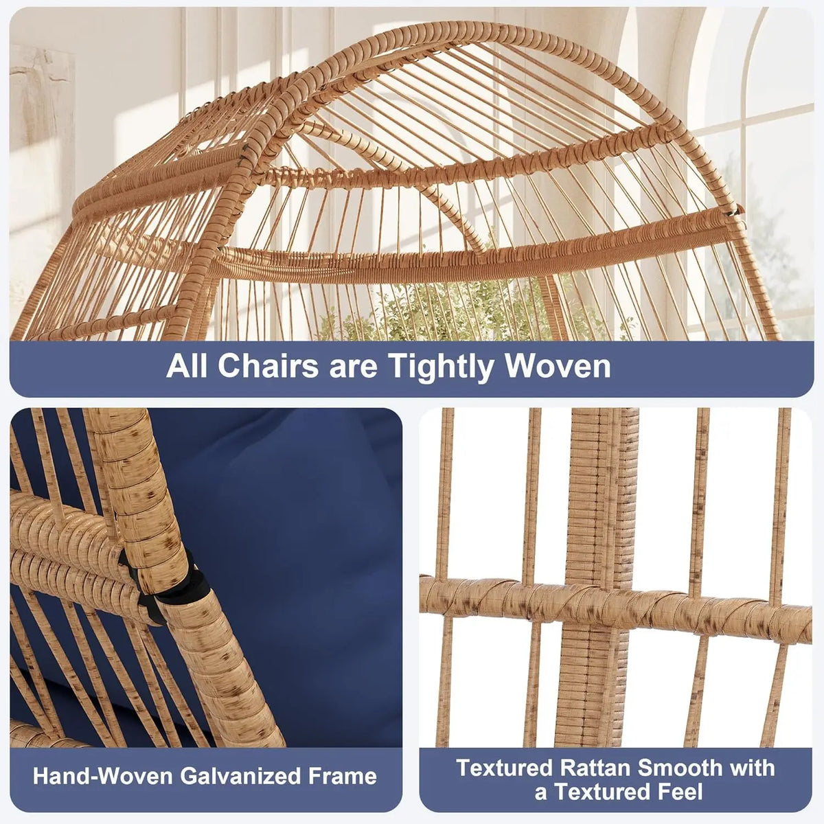 Egg Chair Wicker Outdoor Chair, Patio Chair Lounger Chair with 5 Cushion for Living Room, Bedroom, Patio Backyard Balcony