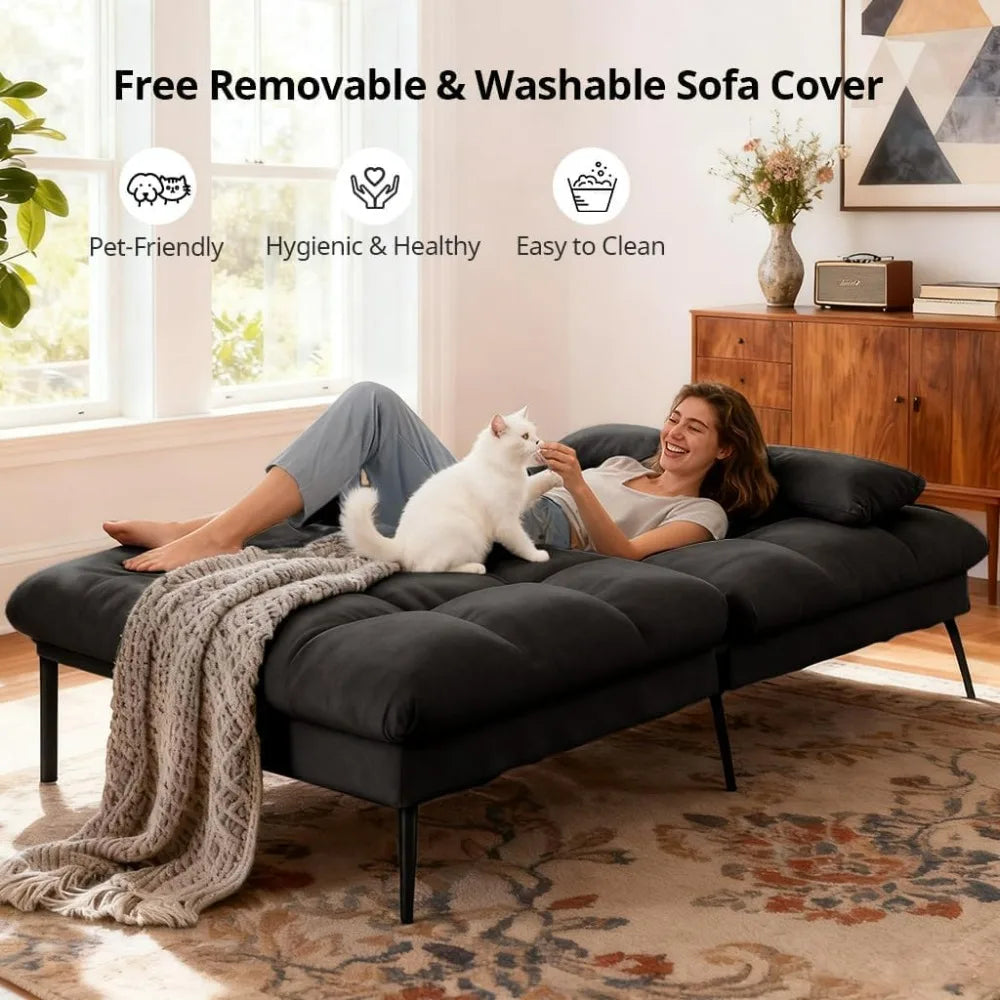 72 Inch COMHOMA Futon Sofa Bed - Fabric Convertible Couch Adjustable Backrest Folding Sleeper Recliner for Living Room Black