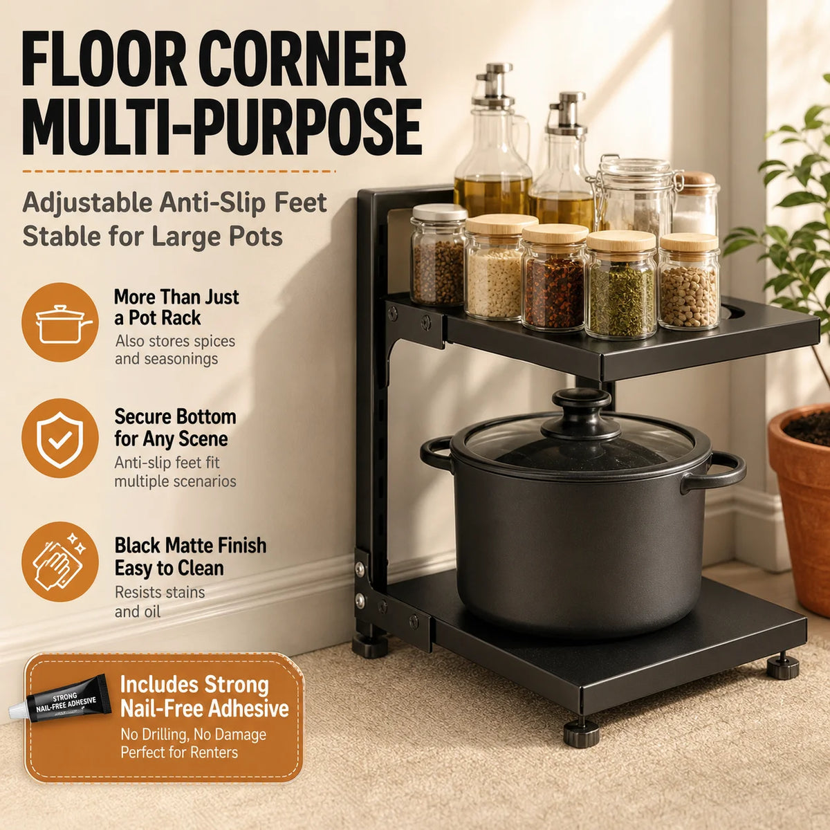 A Height-Adjustable 2/3/4/5/7-Layer Adjustable Stainless Steel Kitchen Storage Rack, Kitchen Storage Shelf, Multi-Layer Drain Organizer for Pots, Pans and Tableware, Painted Finish, Black, Kitchen Storage | Shelf, Kitchen Sin