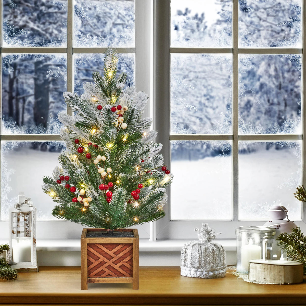 24" Pre-Lit Mini Christmas Tree with LED Lights – Frosted Artificial Pine Tree with Red & White Berries, Bow, Balls & Pine Cones – Battery Operated Tabletop Holiday Decor with Wooden Base