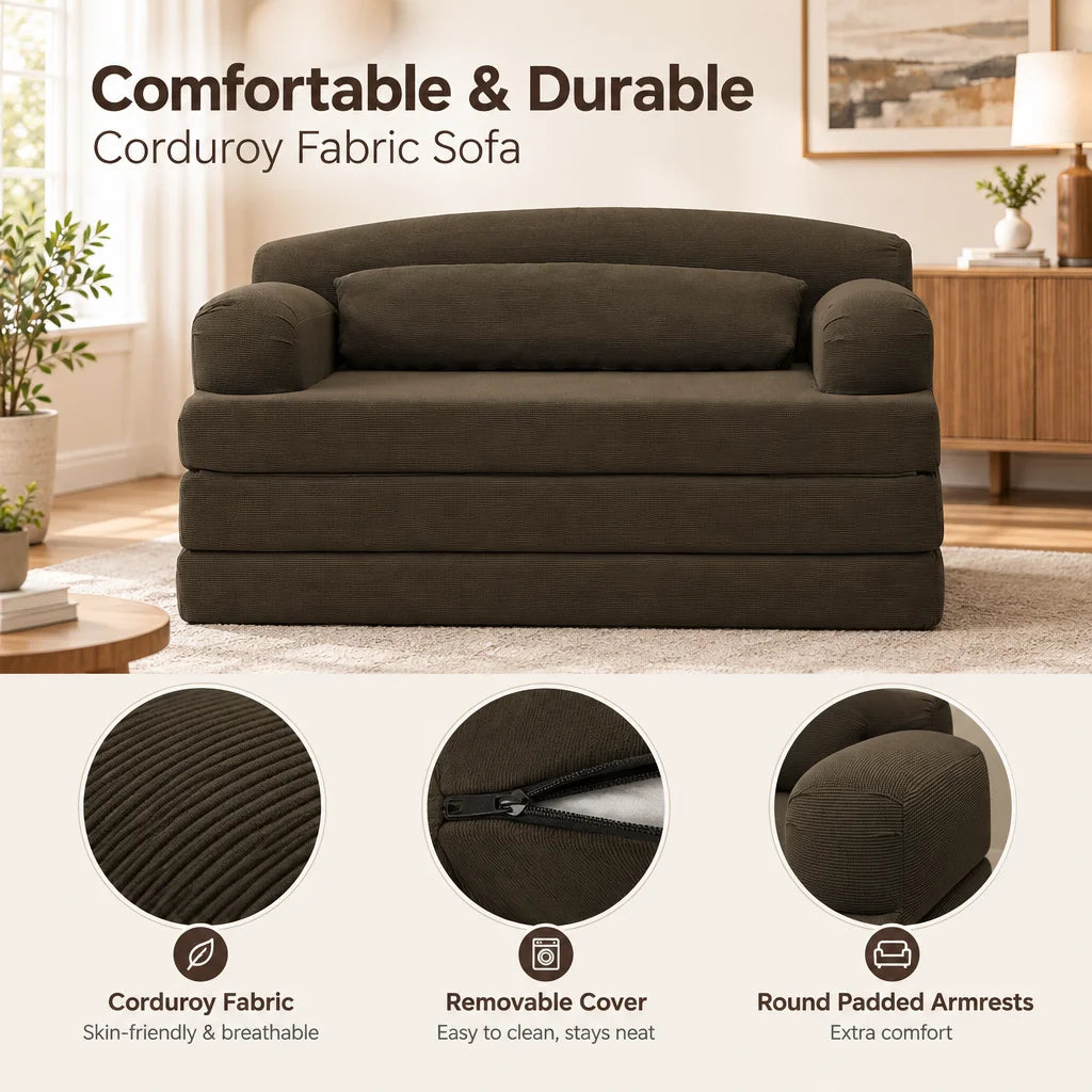 Foldable Corduroy Sofa Bed, Convertible 2-in-1 Stackable Floor Sofa with Removable Cover, High Density Foam Couch for Small Apartment Guest Room