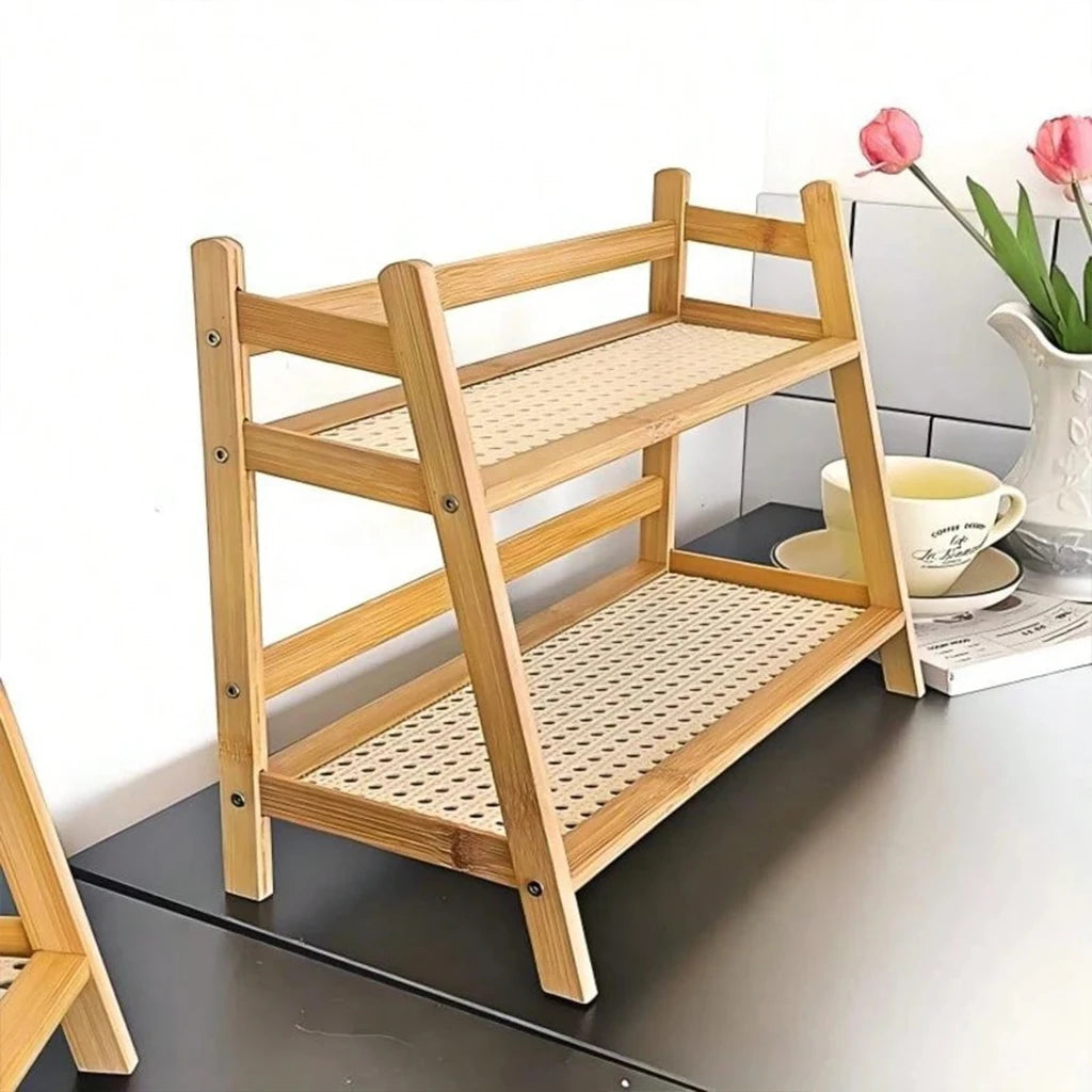 2-Tier Bamboo Storage Rack with Rattan Shelf, Natural Wood Desktop Organizer for Kitchen Spice, Bathroom Cosmetics & Plants, Boho Home Decor