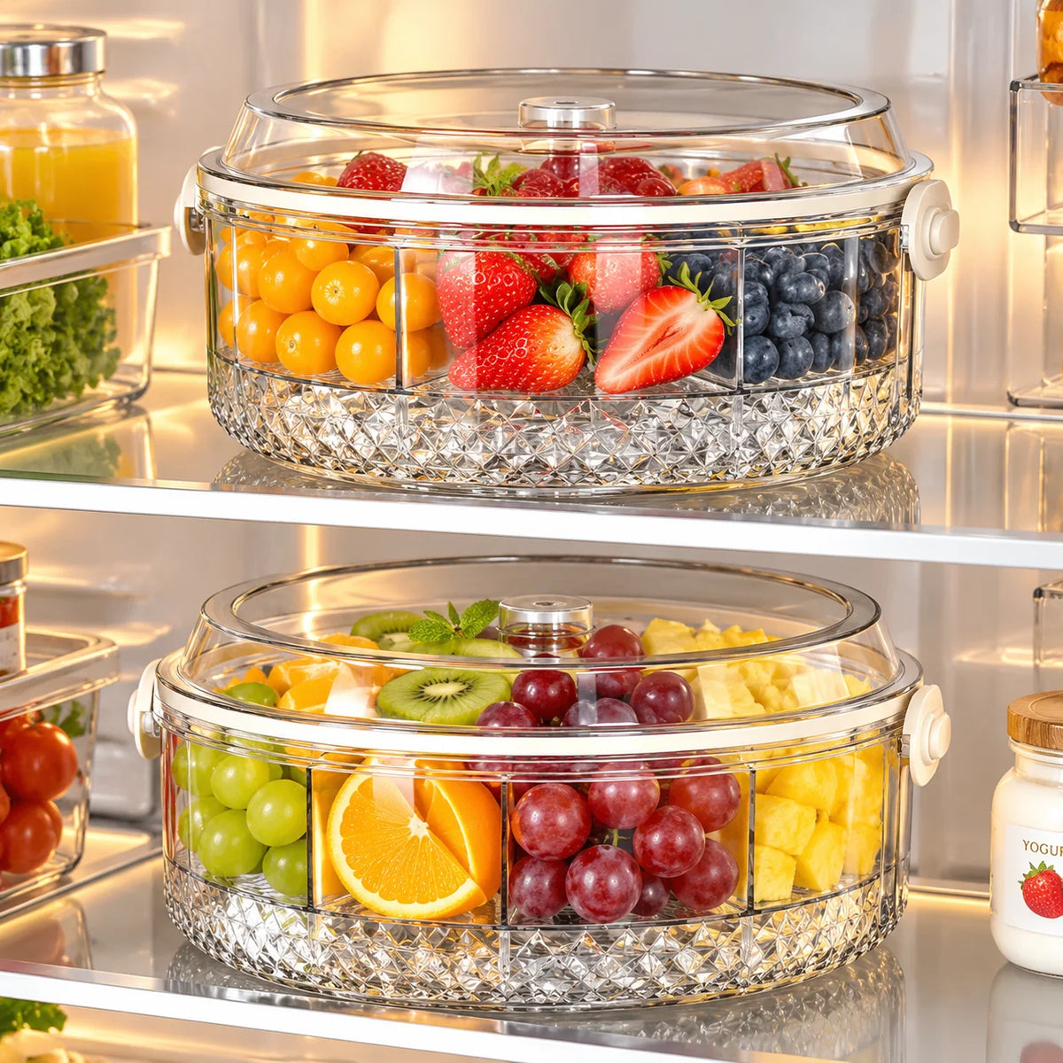 Clear Divided Iced Fruit Storage Box with Handle, Multi-Compartment Fruit Serving Container with Lid, Portable Fruit Tray for Kitchen, Parties, Picnics and Home Use
