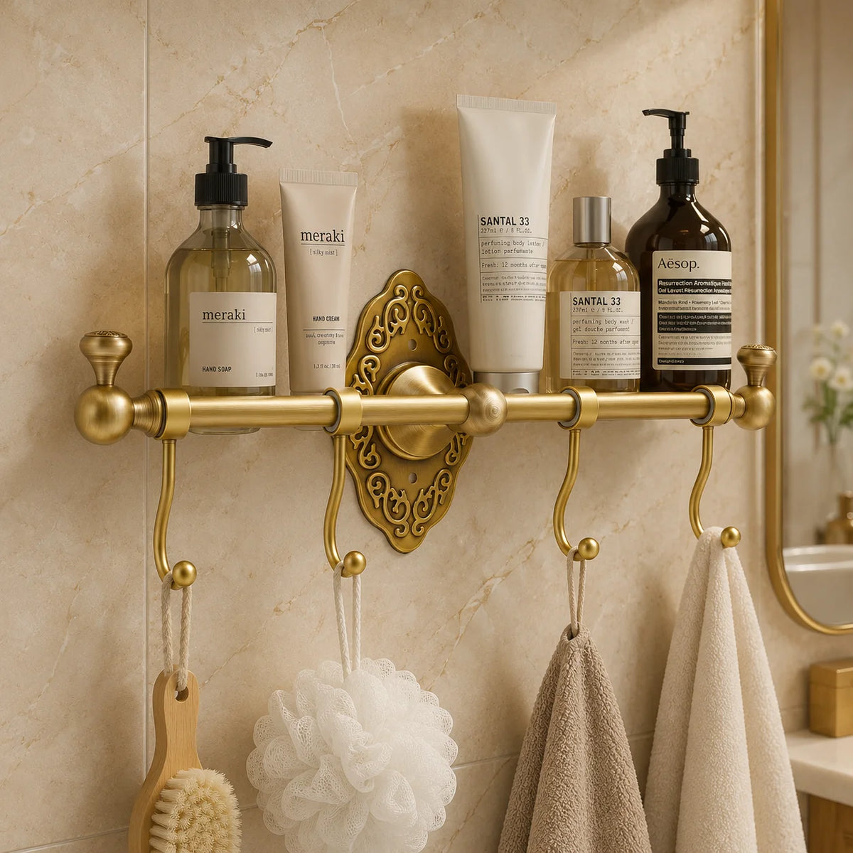 4 Hooks Bathroom Towel Rack, Clothes Hanger Garment Rack, Hat Holder Brass with Hooks for Toilets, Hotels Gold
