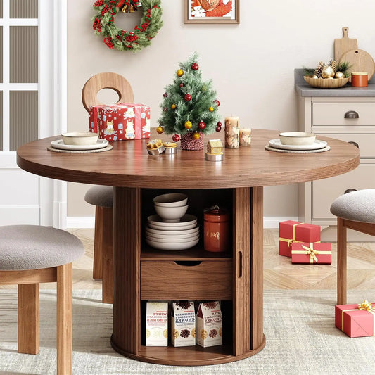 ONBRILL 47'' Round Dining Table (119cm) with Storage - Walnut Wood Finish Kitchen Table | Space-Saving Design Seats 4-6 People, Compact for Small Spaces