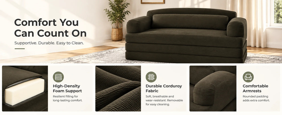 Foldable Corduroy Sofa Bed, Convertible 2-in-1 Stackable Floor Sofa with Removable Cover, High Density Foam Couch for Small Apartment Guest Room