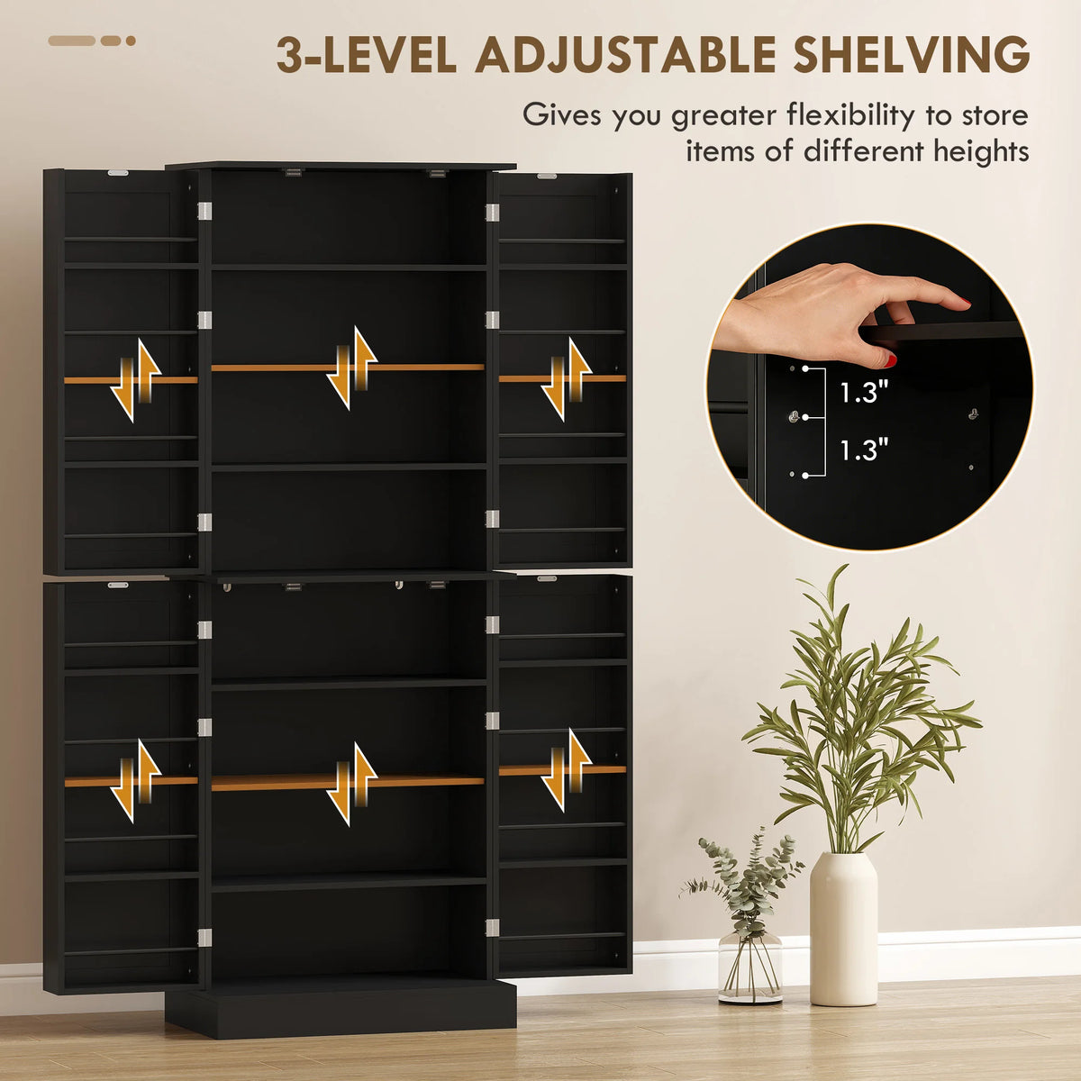 HOMCOM 65" Kitchen Pantry Storage Cabinet, Freestanding Kitchen Cabinet with 16 Door Shelves, 4 Doors, 8-tier Shelving and Adjustable Shelves, Black