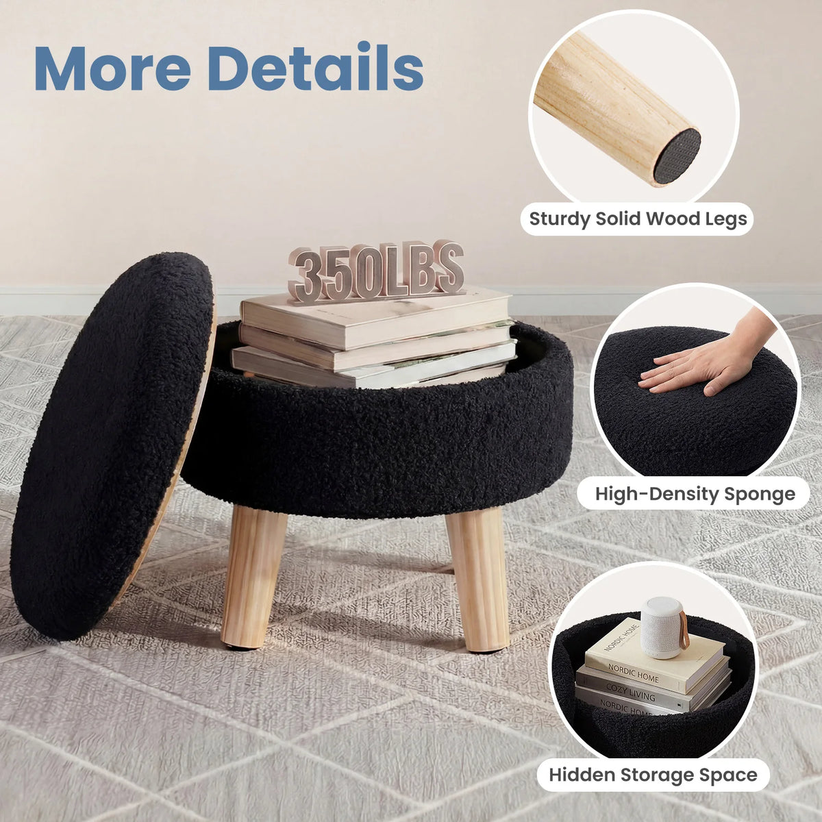 MCQ Round Velvet Ottoman Foot Rest Stool with Storage Makeup Cute Soft Small Footstool Wood Legs with Anti-Slip Feet for Living Room Bedroom Entryway