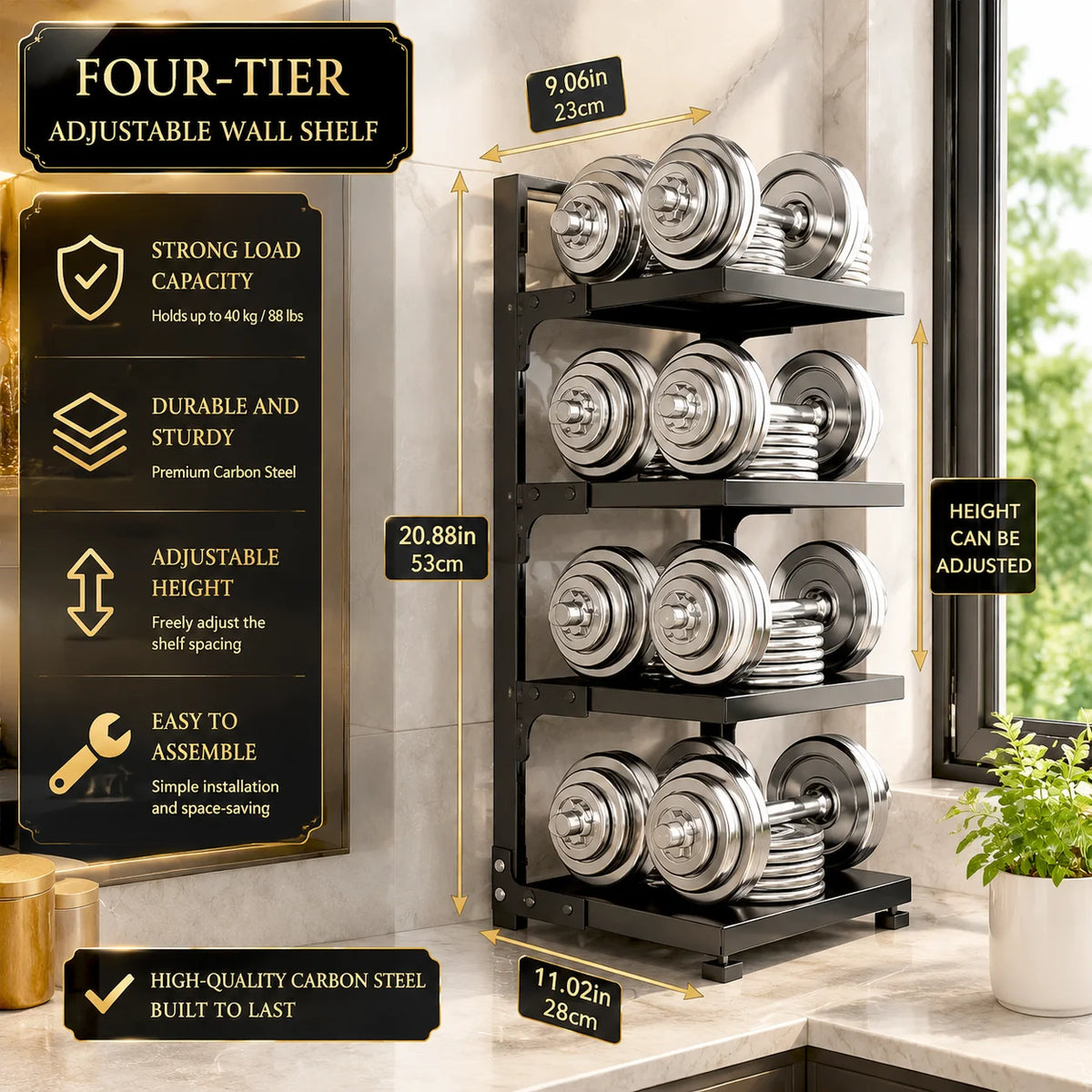 Black Height-Adjustable 4-Layer Stainless Steel Kitchen Storage Rack Multi-Layer Drain Organizer for Pots Pans Tableware under Cabinet Pot Storage Shelf