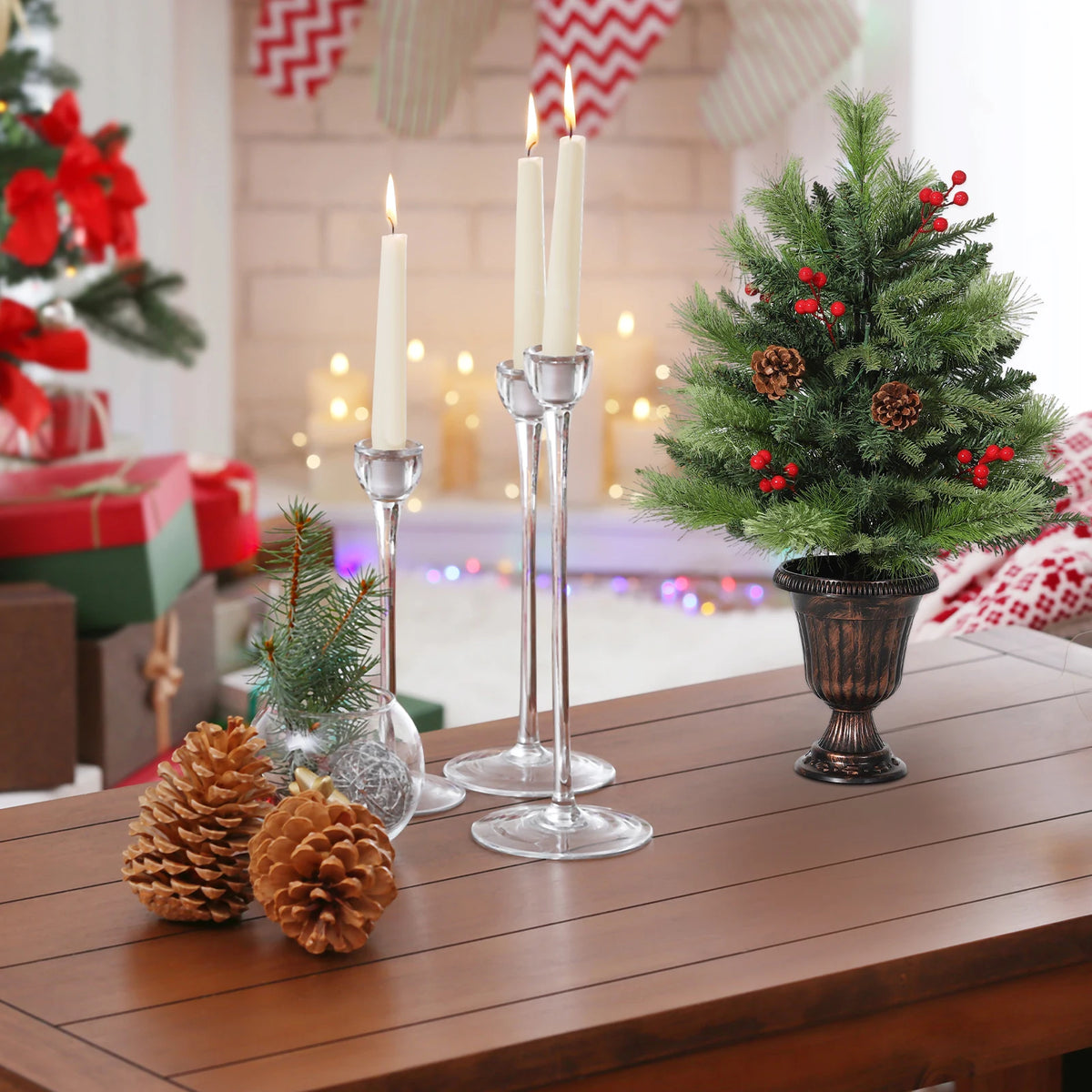 Mini Artificial Christmas Tree Pre Lit 2ft 3ft with 40 70 Warm LED Lights Pine Cones Red Berries Tabletop Holiday Decor for Home Office Indoor Outdoor