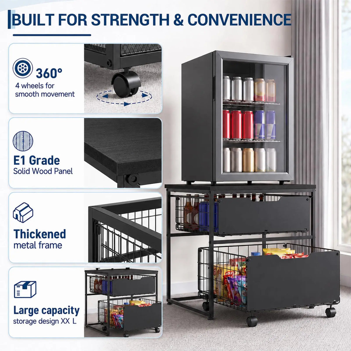 22x22 Inch Mini Fridge Stand With 2 Pull Out Storage Baskets, 4 Wheels, 300 lb Steel Frame Refrigerator Table For Dorm Kitchen Office