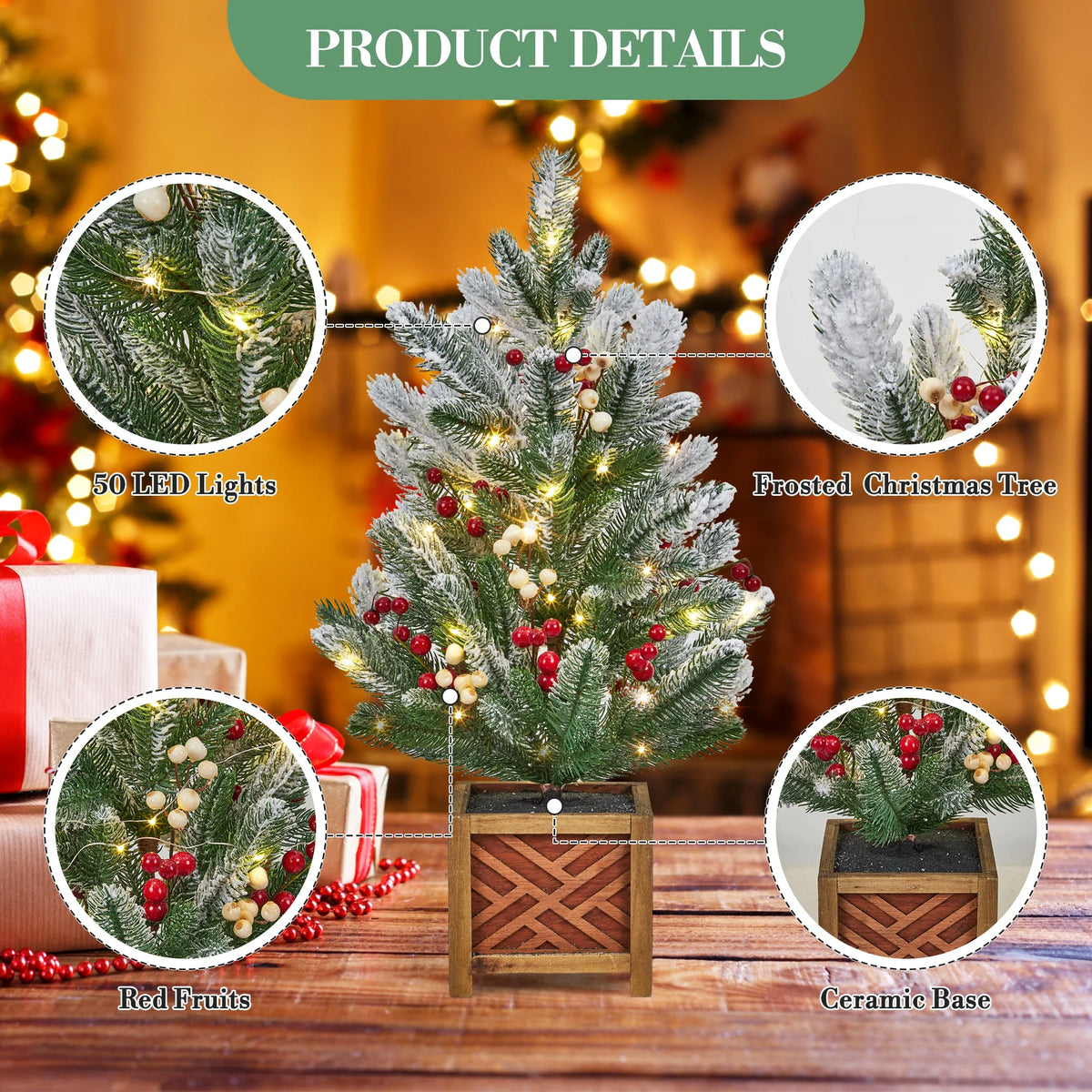 24" Pre-Lit Mini Christmas Tree with LED Lights – Frosted Artificial Pine Tree with Red & White Berries, Bow, Balls & Pine Cones – Battery Operated Tabletop Holiday Decor with Wooden Base