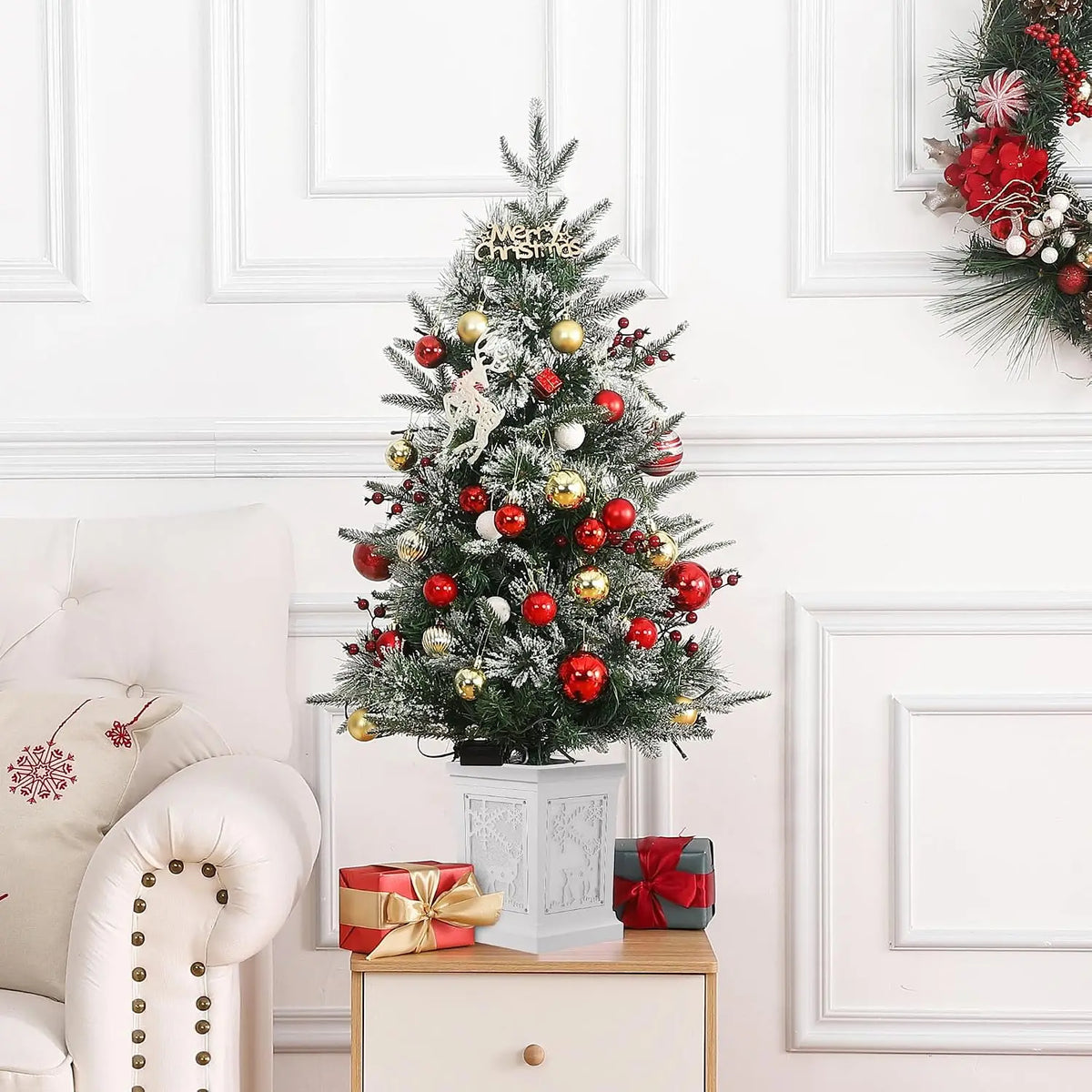 3 ft  Artificial Christmas Tree with Light Mini Small Xmas Tree for Christmas Decoration New Year Gift for Home Office Outdoor Indoor Decor with Classic White Base