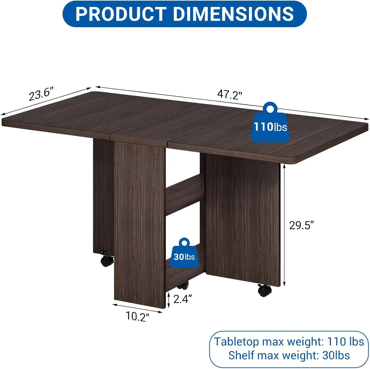 Folding Dining Table Drop Leaf Storage Lockable Wheels, Sturdy Walnut Wood for Small Flats, Converts 2 to 6 Seater with 2-Tier Rack for Kitchen,Dining Room