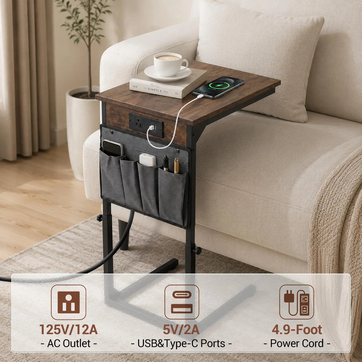 C-Shaped End Table with Charging Station - Slim Couch Side Table for Living Room/Bedroom - Built-In Outlet & Plug, Behind Sofa Use - Fire Color, US Standard Plug