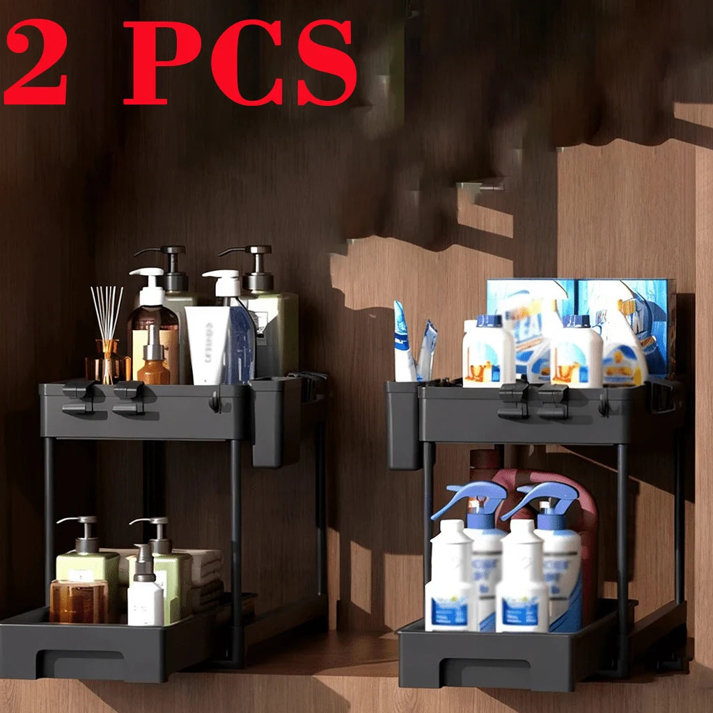 2 PCS Under Sink Organizer With Pull Out Shelves, 2 Tier Expandable Cabinet Storage Rack, Adjustable Under Sink Shelf For Bathroom Kitchen