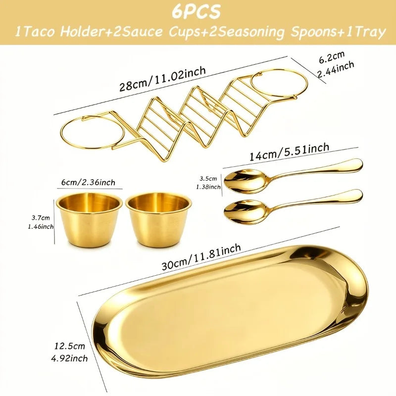1Set Taco Serving Utensils Set, Stainless Steel Taco Holder, Dressing Cups, Seasoning Spoons and Serving Tray, Elegant Taco Stand Accessories, Suitable for Home, Kitchen, Restaurant and Party Use, Ideal Gift for Mother's Day