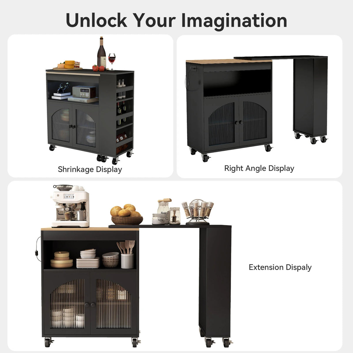Kitchen Island On Wheels w Storag Extended Table MDF Rolling Kitchen Storage Cart w LED Light Power Outlets 2 Fluted Glass Doors
