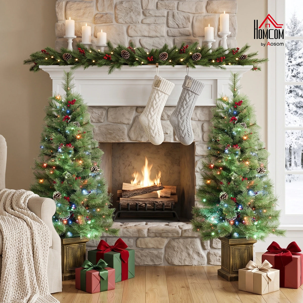 HOMCOM 4ft Pre-Lit Artificial Christmas Tree Set of 2, Dual Colors, Remote