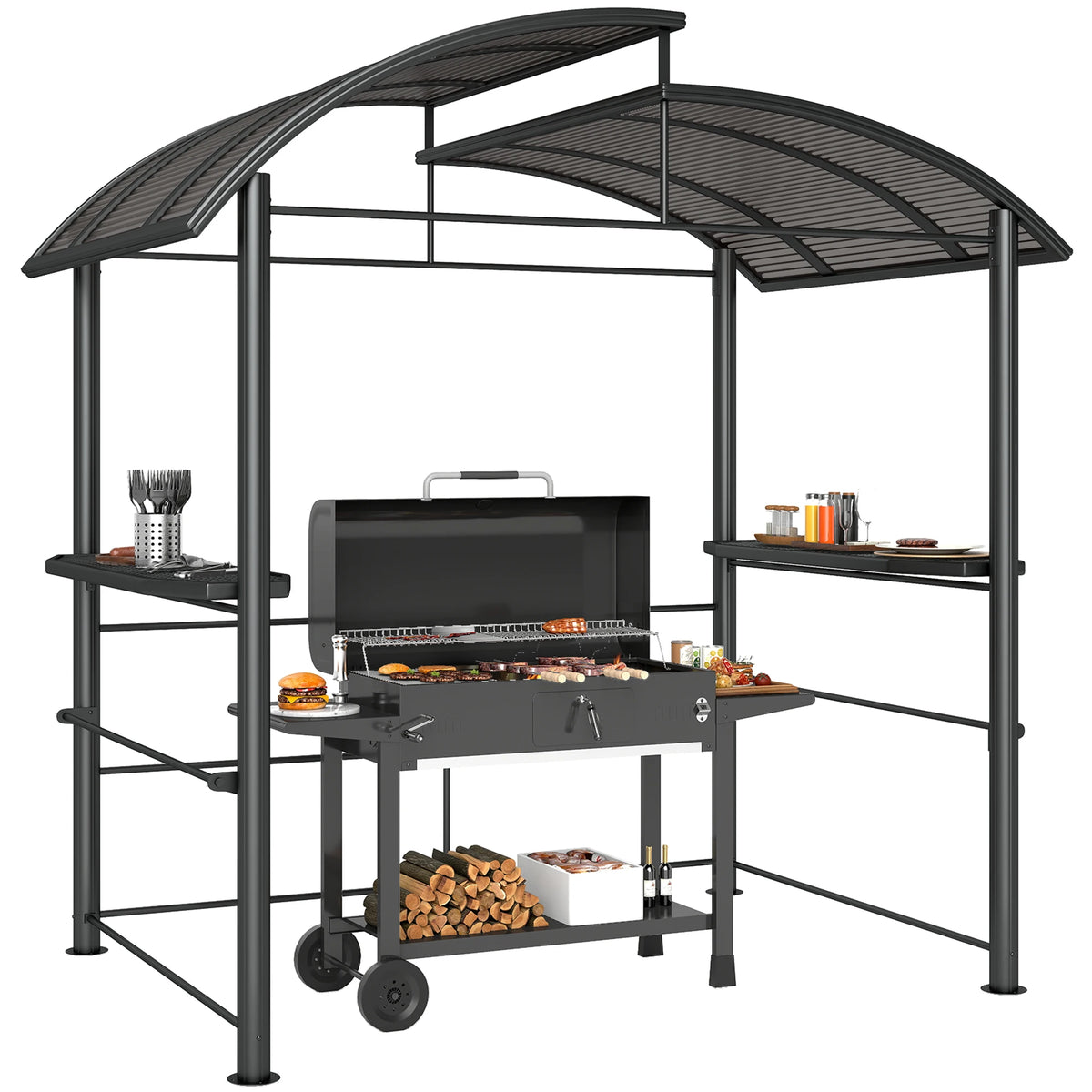 8' X 5' Outdoor Grill Gazebo Bbq Canopy with Vented Pc Roof, Side Shelves
