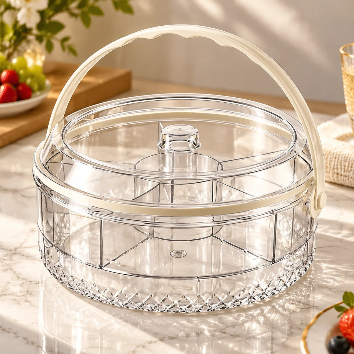 Clear Divided Iced Fruit Storage Box with Handle, Multi-Compartment Fruit Serving Container with Lid, Portable Fruit Tray for Kitchen, Parties, Picnics and Home Use