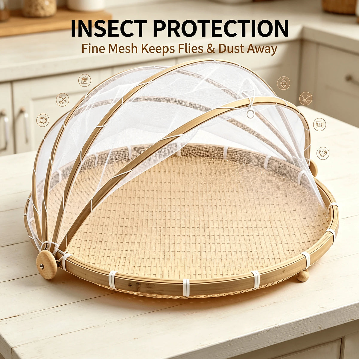 Handwoven Bamboo Serving Basket with Mesh Canopy – Round Picnic Tent for Dust-Free Storage, Perfect for Indoor & Outdoor Picnics