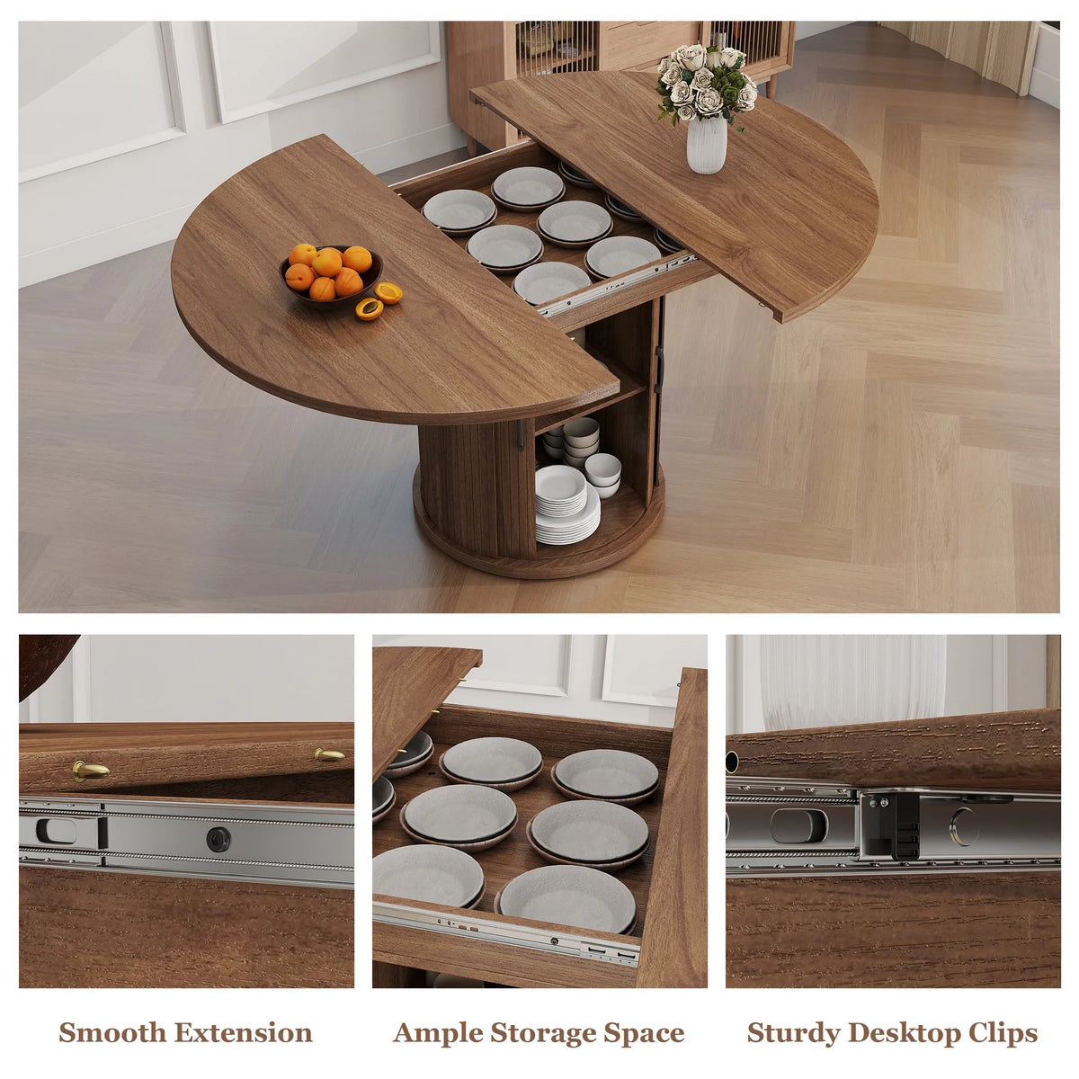Modern Extendable Round Dining Table 47''-63'' for 4 to 8 People with 2-Tier Storage Shelf Space-Saving Oval Design Wood Kitchen Table with Pedestal Base