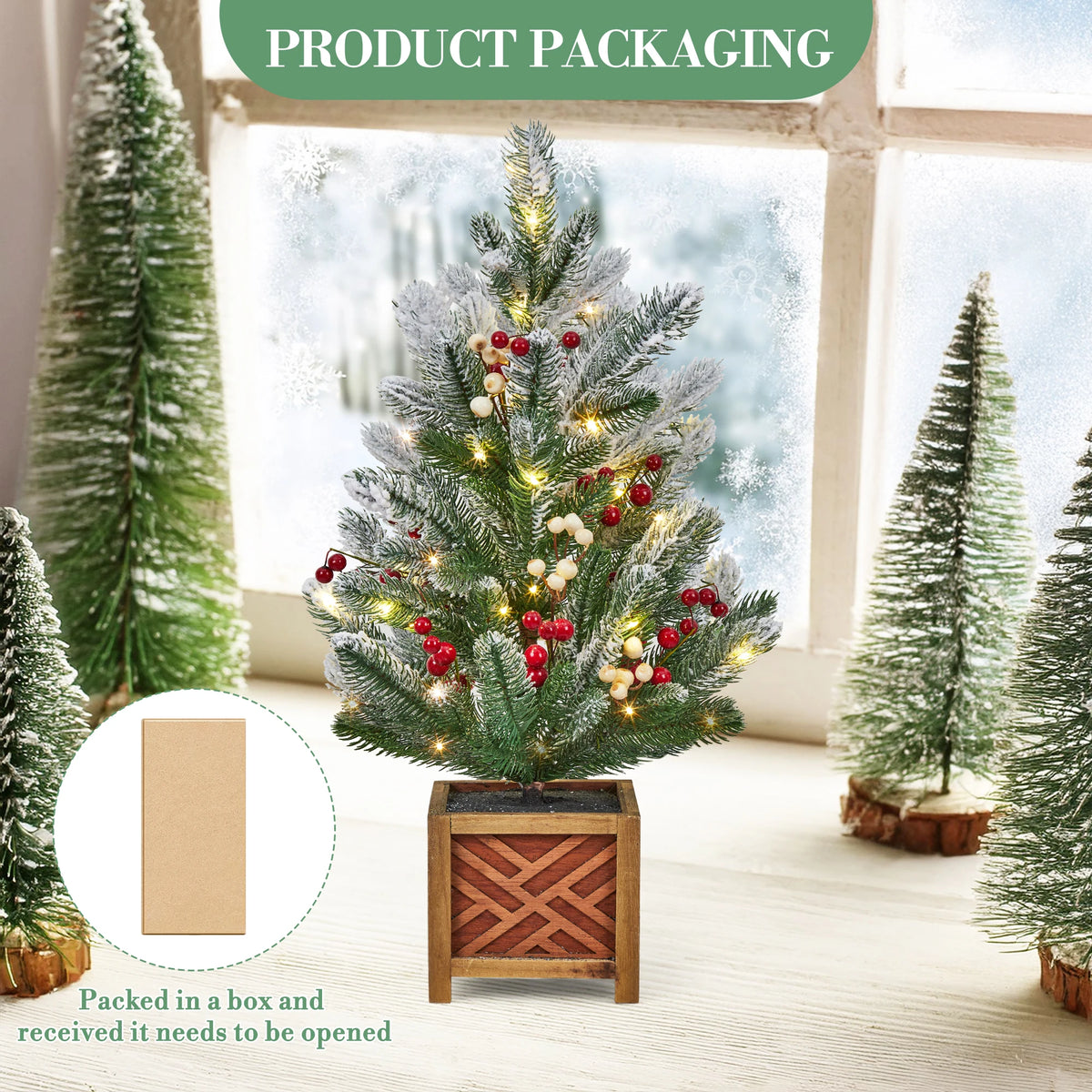 24" Pre-Lit Mini Christmas Tree with LED Lights – Frosted Artificial Pine Tree with Red & White Berries, Bow, Balls & Pine Cones – Battery Operated Tabletop Holiday Decor with Wooden Base
