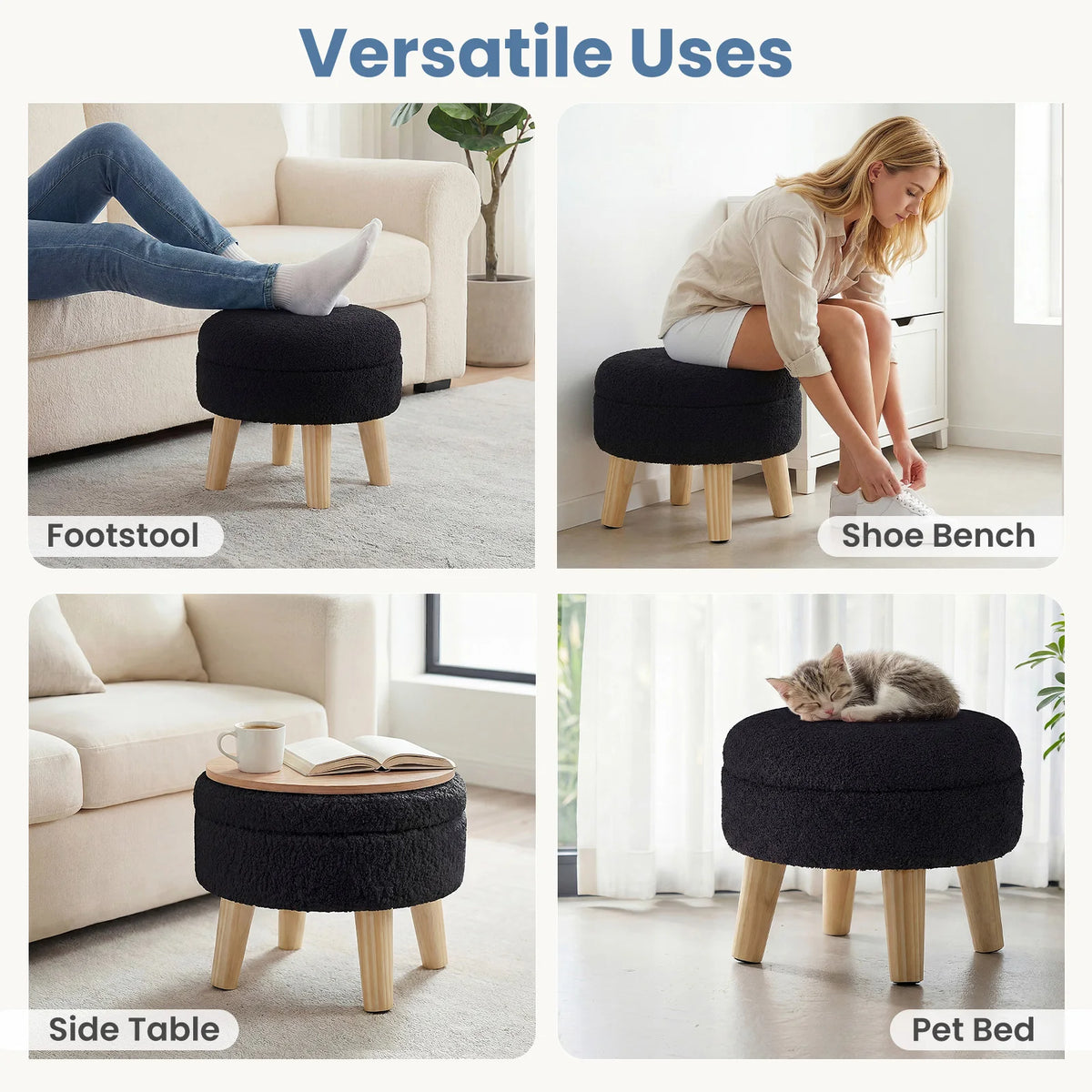 MCQ Round Velvet Ottoman Foot Rest Stool with Storage Makeup Cute Soft Small Footstool Wood Legs with Anti-Slip Feet for Living Room Bedroom Entryway