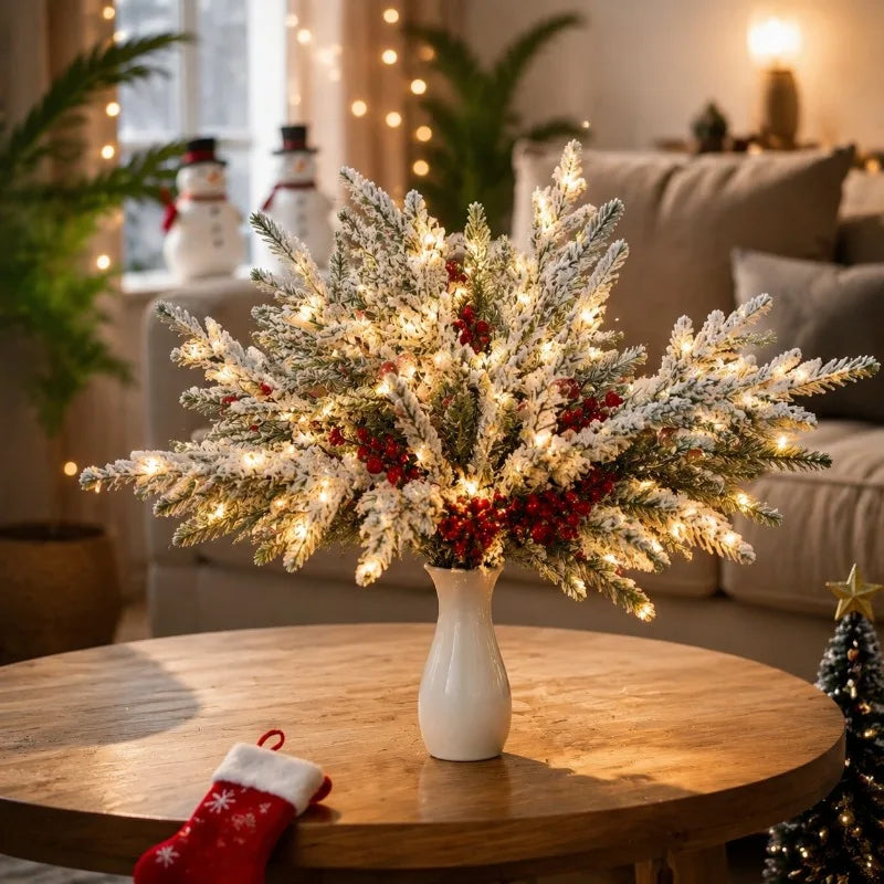 21 Artificial Norfolk Pine Branches with Light String Design, Featuring Red Berries, 12.8-inch Christmas Green, Choose Norfolk Pine Trunks and Fake Pine Needles for Vase Filling, DIY Craft Flower Garland Home Decoration Cream