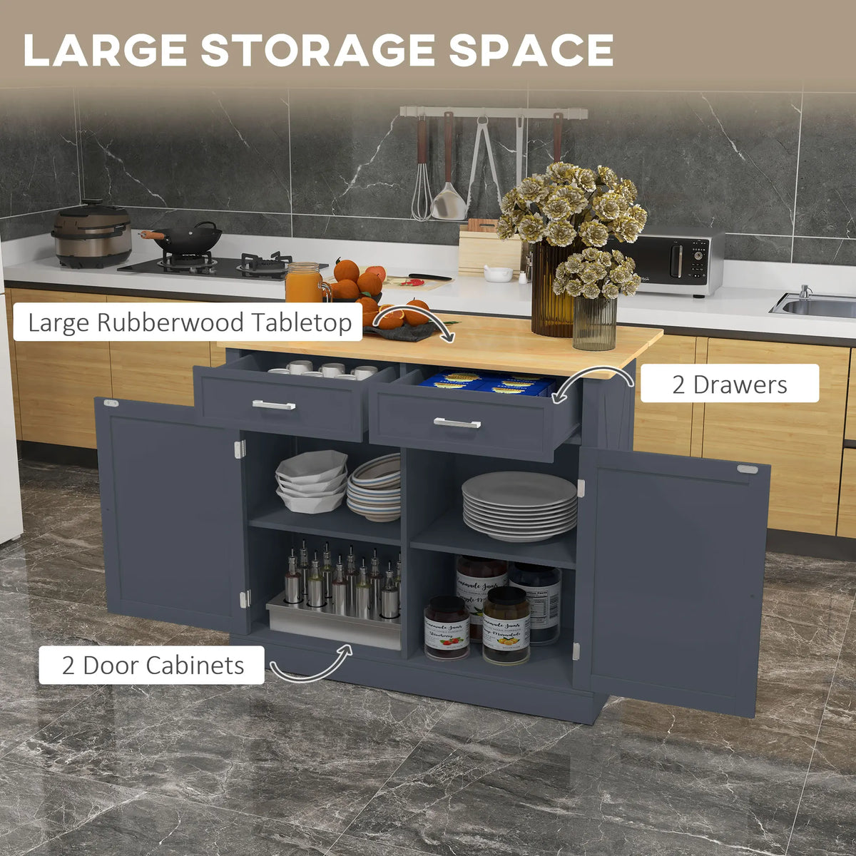 Rolling Kitchen Island with Drop Leaf Wood Breakfast Bar, Farmhouse Kitchen Cart with 2 Drawers, Adjustable Shelves for Dining Room, Dark Gray