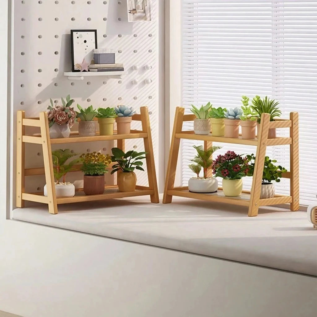 2-Tier Bamboo Storage Rack with Rattan Shelf, Natural Wood Desktop Organizer for Kitchen Spice, Bathroom Cosmetics & Plants, Boho Home Decor