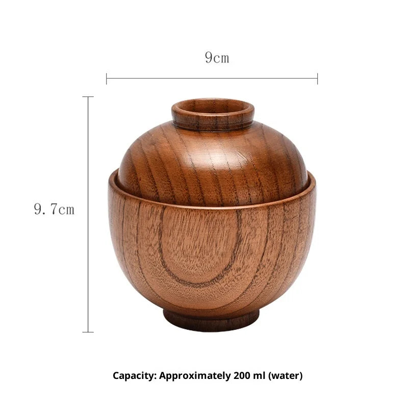 Wooden Bowl with Lid Set Child Safe Anti Scald Miso Soup Bowl Rice Salad Bowl Natural Wood Serving Tableware Nut Bowl for Home Kitchen